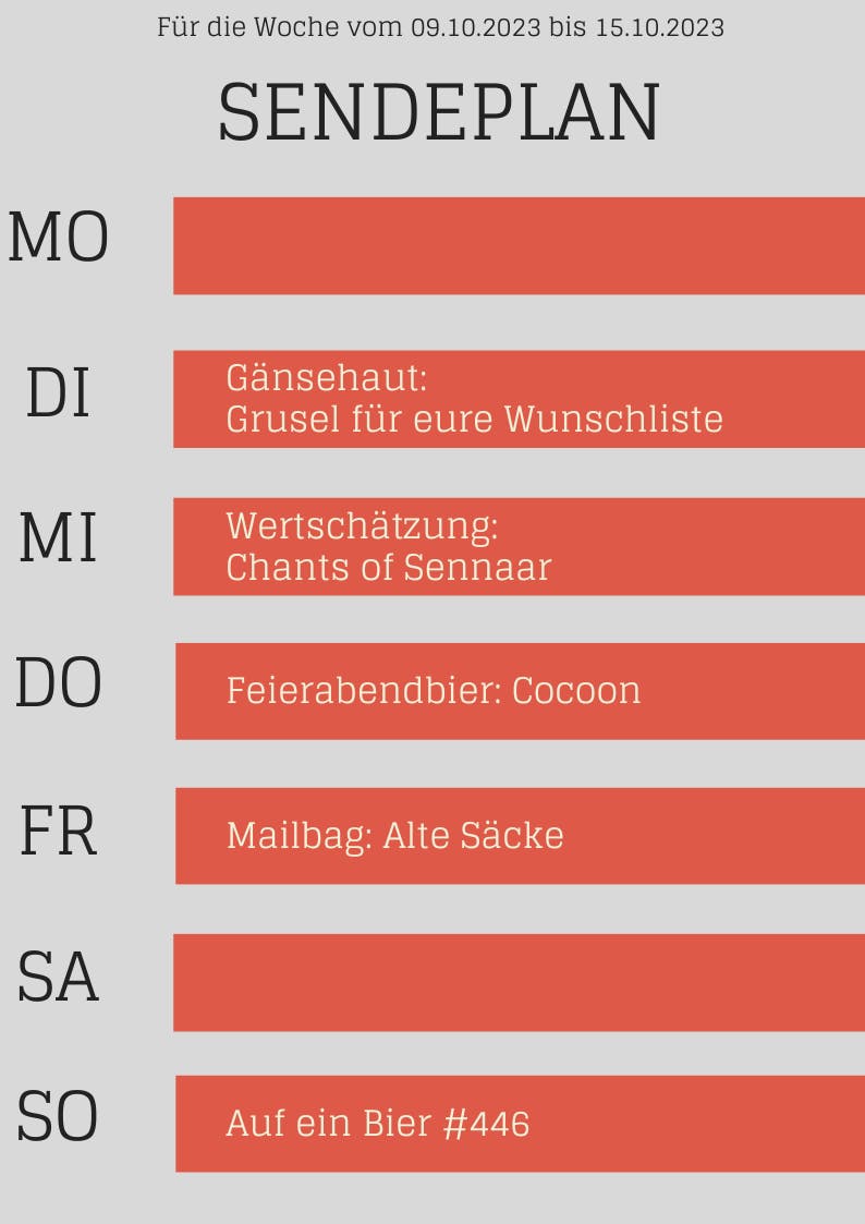 Plan bis 15.10.23

DI Gänsehaut für eure Wunschliste
MI Wertsch. Chants of Sennaar
DO Feierabendbier Cocoon
FR Mailbag
SO Auf ein Bier #446