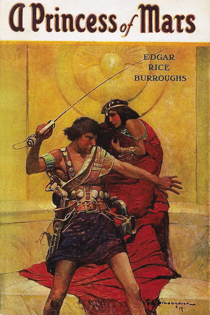 Cover von A Princess of Mars, Bild von Frank Schoonover, Story von Edgar Rice Burroughs,1917, gemeinfrei.