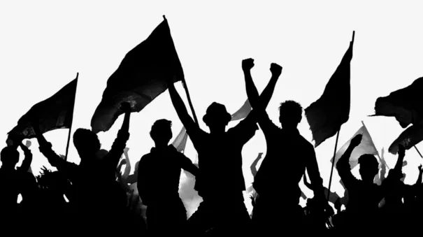 stilisierte Demo-Szene, schwarze Personen und Fahnen vor weißem Hintergrund, erhobene Fäuste