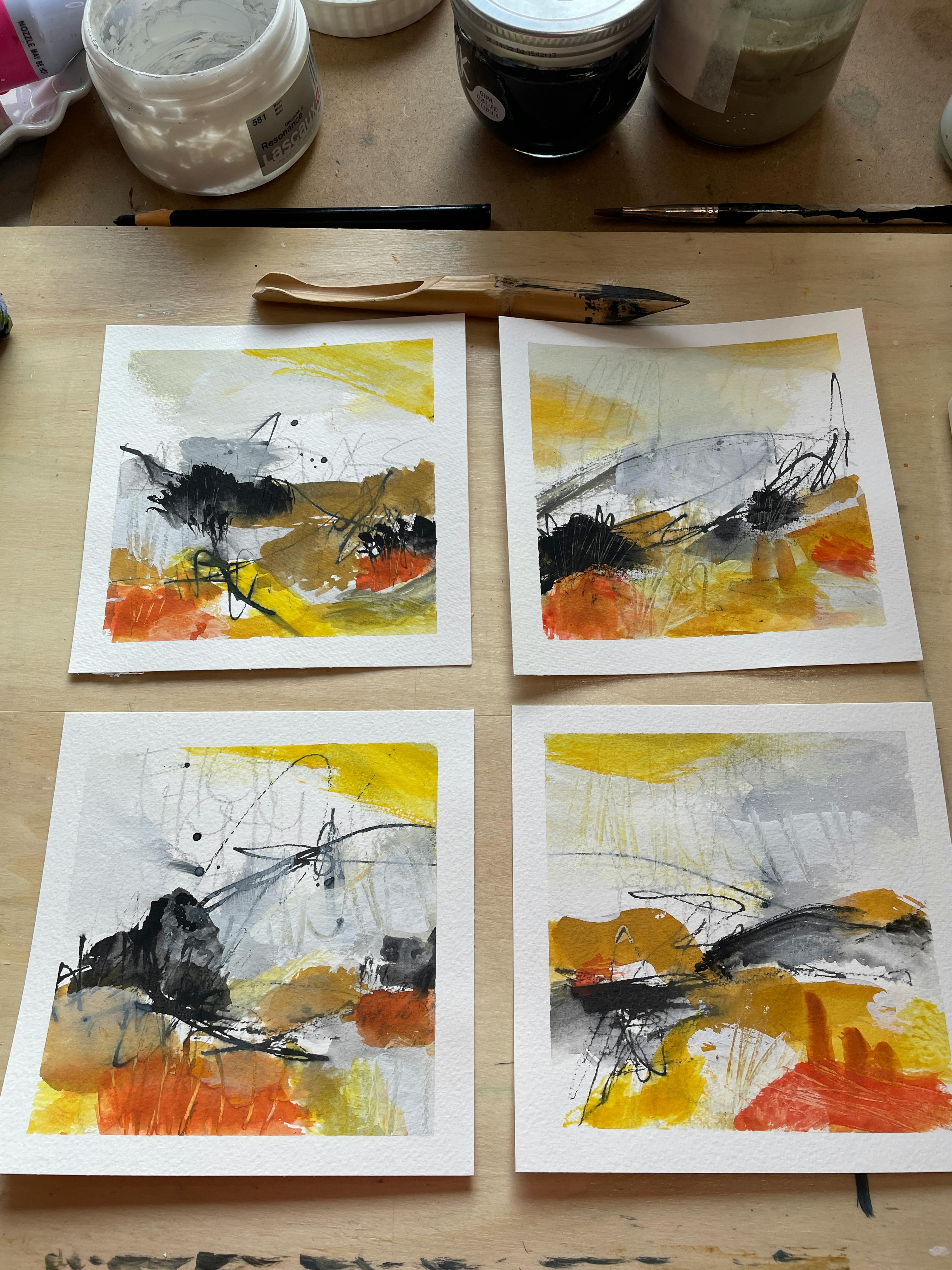 Miniserie aus Kohle, Tusche, Gouache, entstanden für den März im Gunkelparadies (Thema: Komposition)