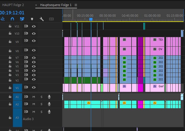 Ein Screenshot aus dem Schnittprogramm, das die Fülle an Elementen zeigt, die für eine Folge der Kampagne bearbeitet und aufeinander abgestimmt werden müssen