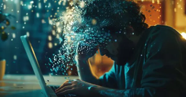 Mann sitzt vor seinem Laptop, während symbolisch dargestellter Binärcode auf seinen Kopf zuschwebt / KI-Bild: Freepik
