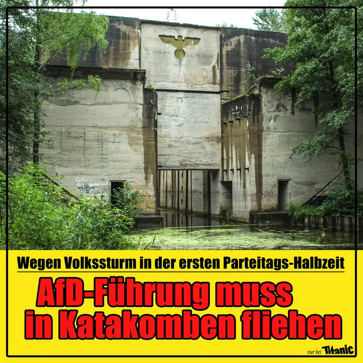 Ein alter nationalsozialistischer Bunker im Wald, dazu der Text: "Wegen Volkssturm in der ersten Parteitags-Halbzeit. AfD-Führung muss in Katakomben fliehen".