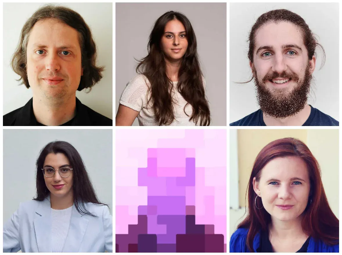 Hier sind Fotos der sechs Kollektiv-Mitglieder zu sehen: Christian, Naz, Johannes, Nadja, Christof, Milena.