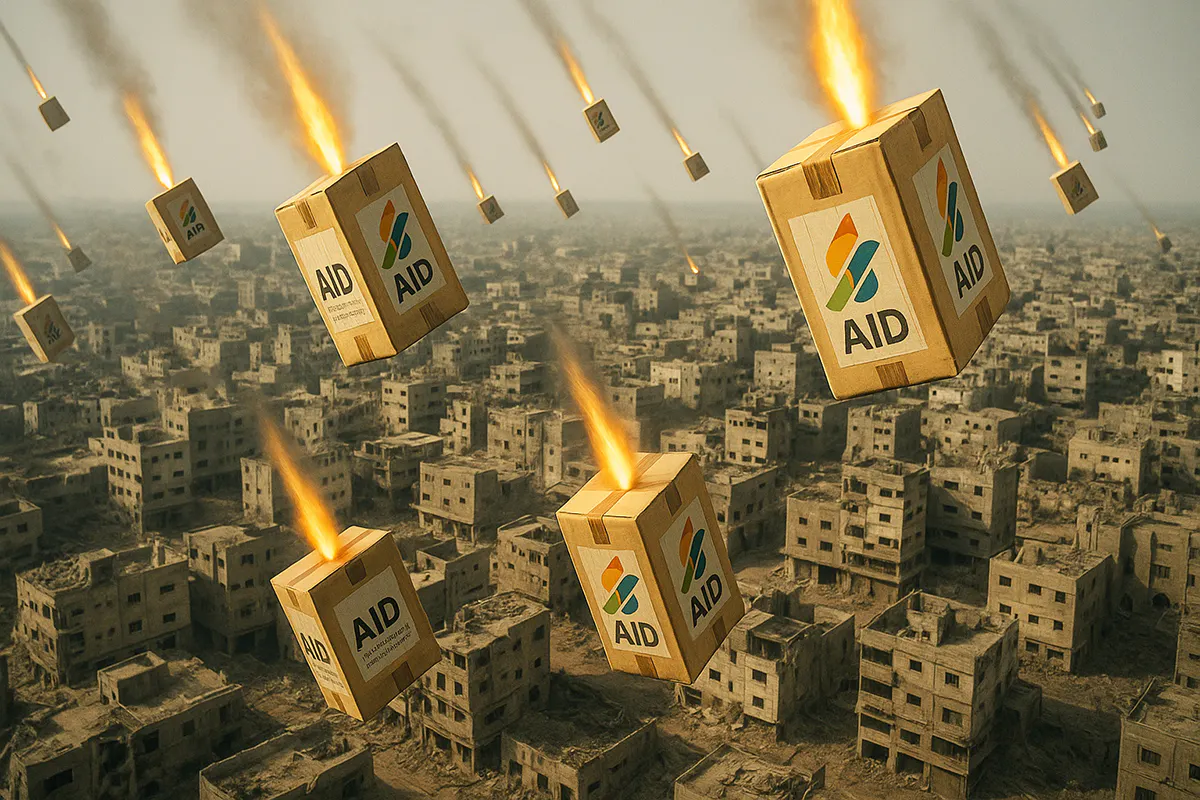 Grafik: Hilfspakete der GHF fliegen wie Bomben auf den Gazastreifen.