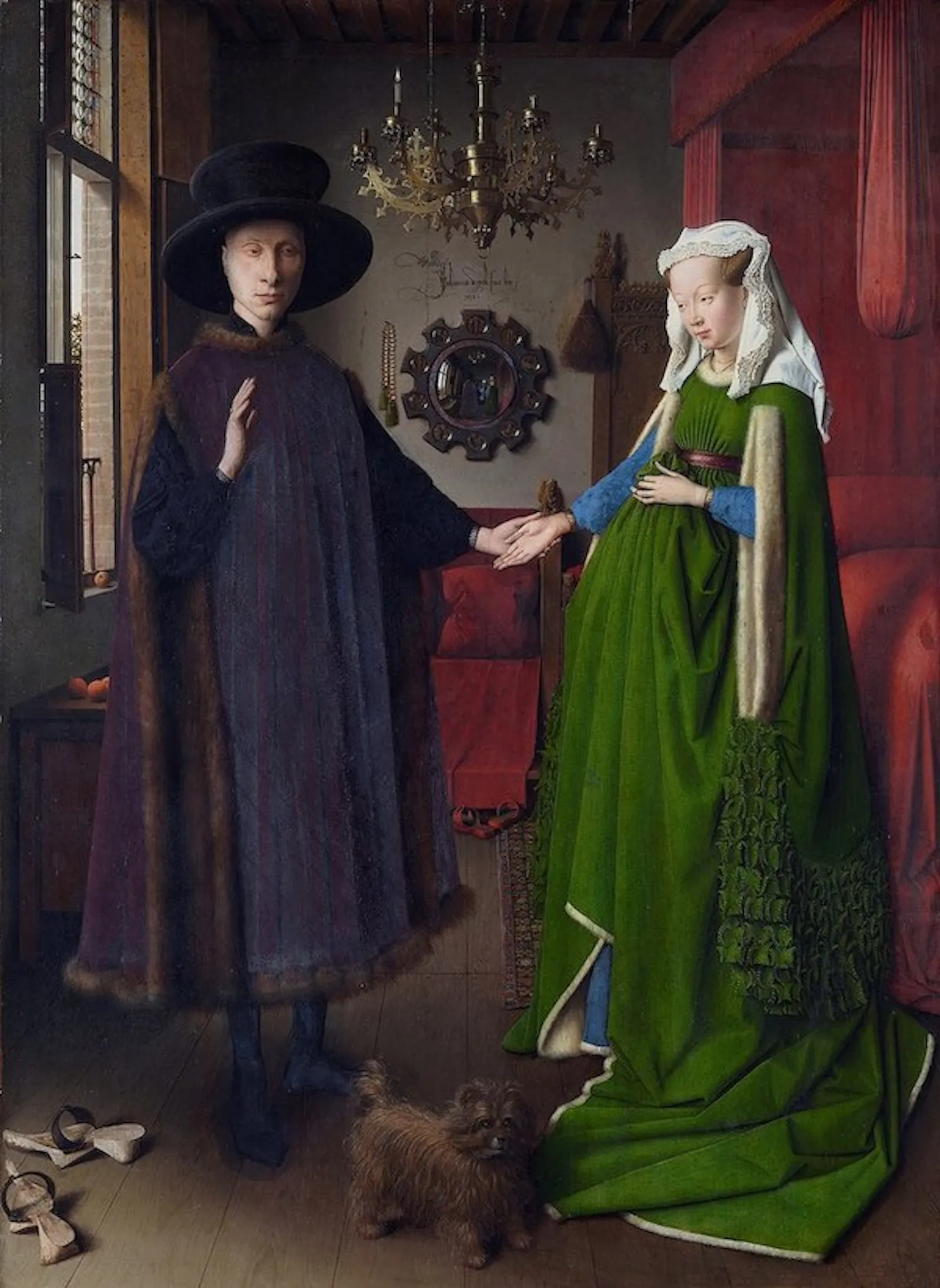 La pareja de Giovanni Arnolfini y su esposa se muestran ante ti en una rica estancia y un espejo circular al fondo.
