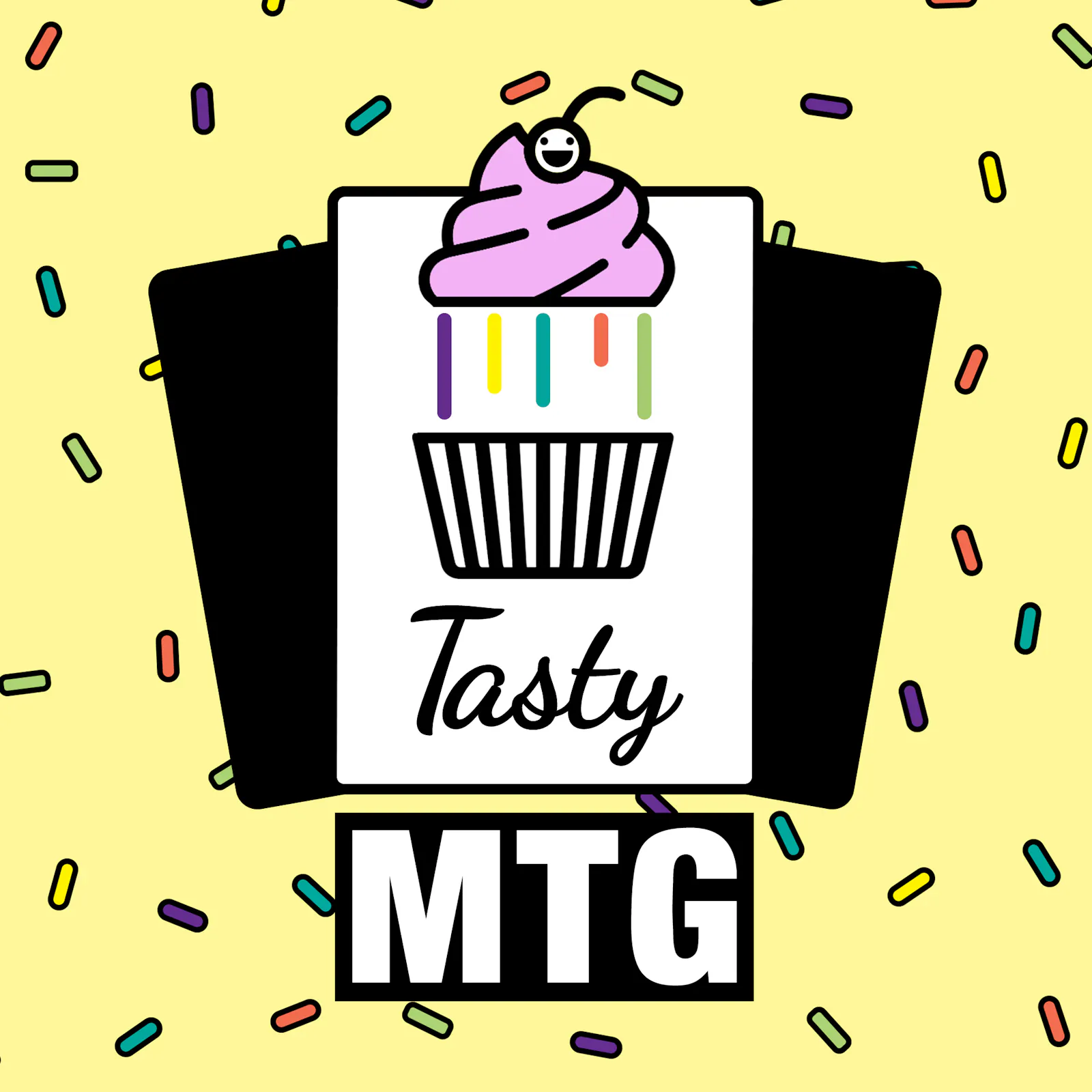 Das Cover zur aktuellen Folge. Der Tasty-MTG-Cupcake fliegt aus seienr Form und Regenbogenlinien sind unter ihm zu sehen. Die Kirsche auf seiner Spitze ist ein Smiley und Konfetti fliegt durchs Bild.