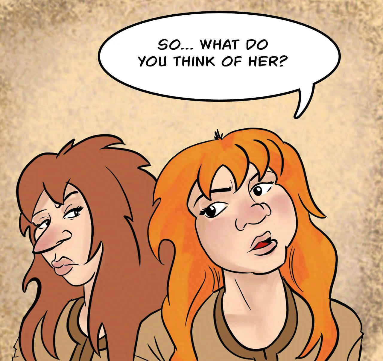 Panel 8.
Kel nudges towards the Feral. 
Kel: So what do you think of her?
