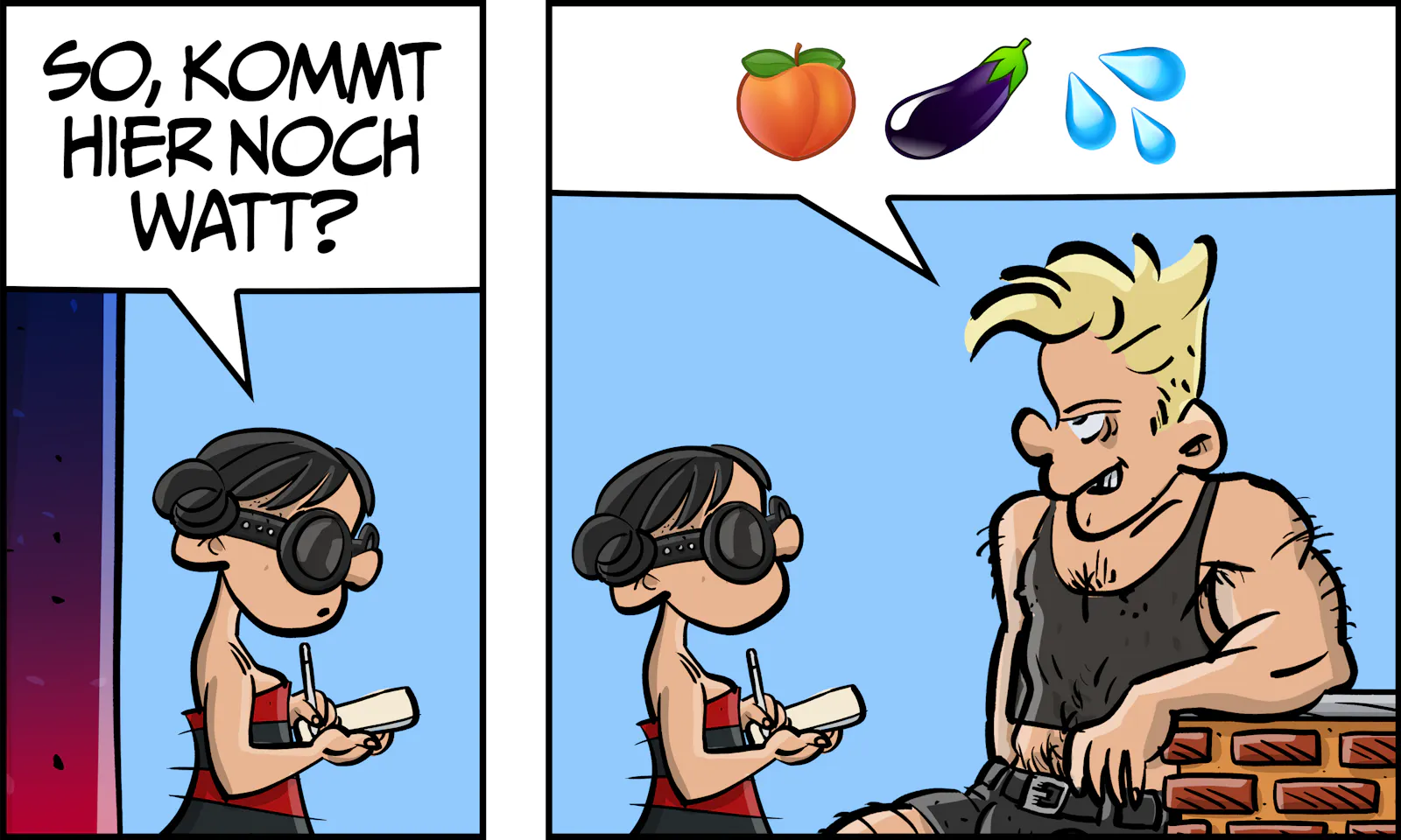 Gina fragt an der Bar: „So, kommt hier noch watt?“ Bernd antwortet mit einem erotisch-humorigen Smiley-Bundle: „🍑🍆💦!“
