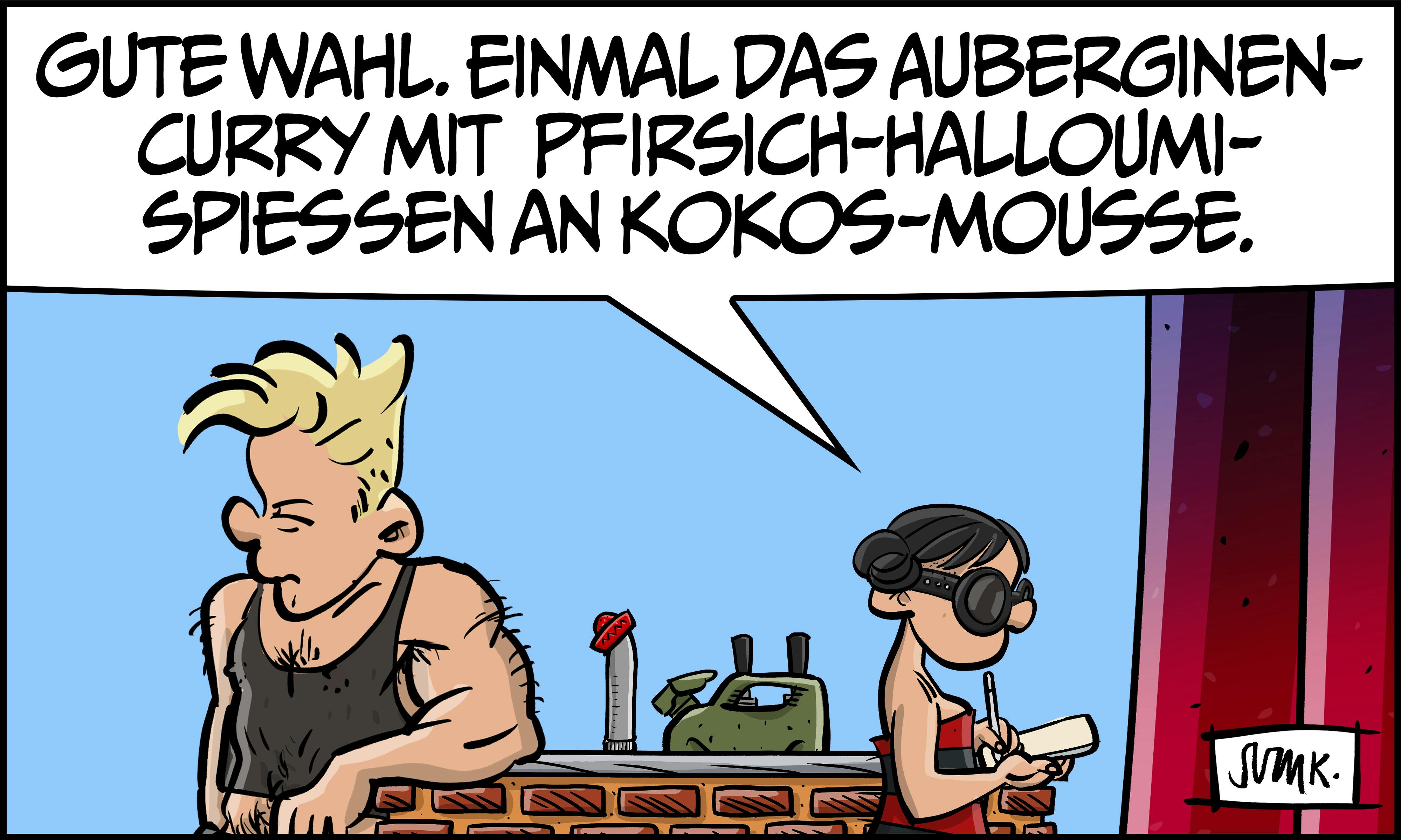 Gina kontert trocken: „Gute Wahl. Einmal das Auberginen-Curry mit Pfirsich-Halloumi-Spießen an Kokos-Mousse.“
