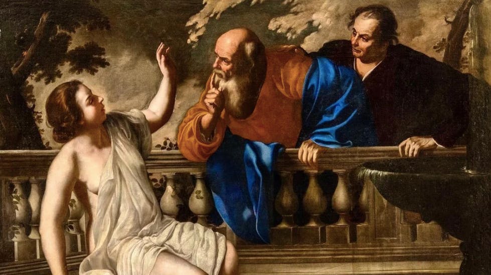 Foto des Gemäldes Susanna und die Älteren, gemalt von Artemisia Gentileschi. Zu sehen ist eine kaum bekleidete jüngere Frau mit dunklen Haaren am linken Rand des Gemäldes. Sie hebt abwehrend die Hand. Von rechts nähern sich ihr zwei ältere Männer, was sie erkennbar nicht möchte.