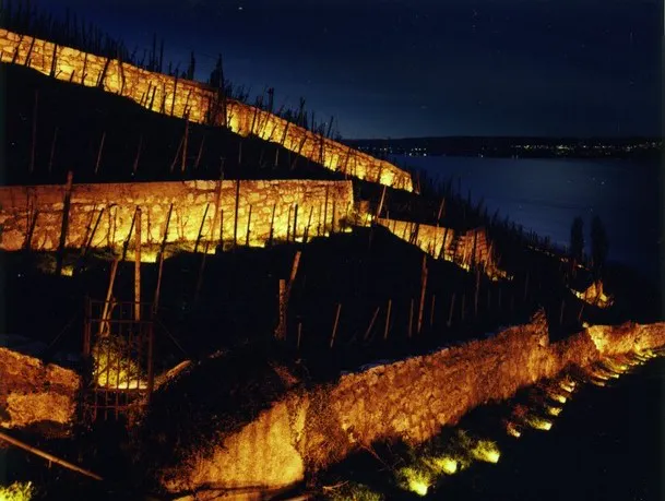 Die Mauern in einem Weinberg sind in der Nacht beleuchtet