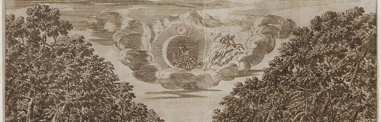 Kupferstich einer Theaterszene aus dem Jahr 1678. Diana fliegt auf einem Wagen, der von Hirschkühen gezogen wird, durch die Lüfte.