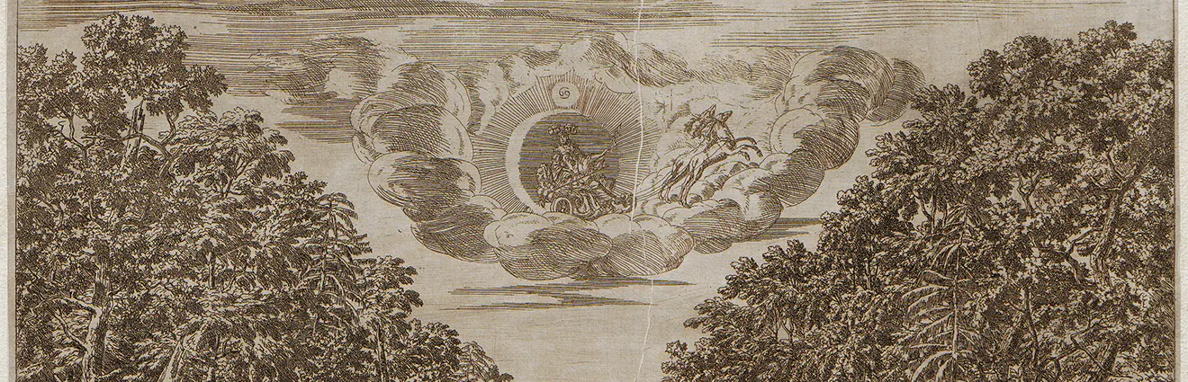Kupferstich einer Theaterszene aus dem Jahr 1678. Diana fliegt auf einem Wagen, der von Hirschkühen gezogen wird, durch die Lüfte.