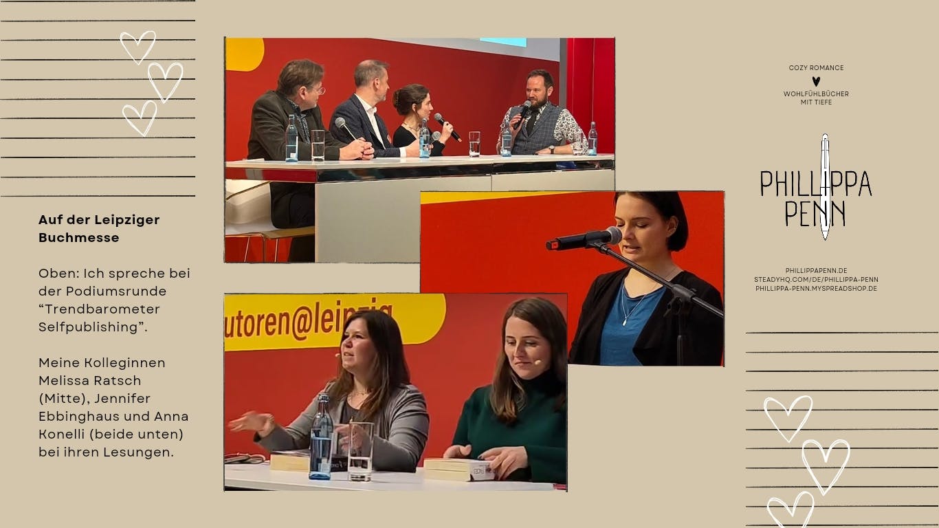 Eine Collage mit Bildern der Leipziger Buchmesse. Sie zeigen die Autorin im Gespräch bei einer Podiumsrunde. Zwei weitere Fotografien zeigen ihre Kolleginnen Melissa Ratsch, Jennifer Ebbinghaus und Anna Konelli bei deren jeweiligen Lesungen.