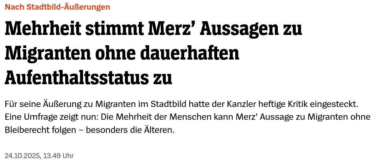 Mehrheit stimmt Merz' Aussagen zu Migranten ohne dauerhaften Aufenthaltsstatus zu.