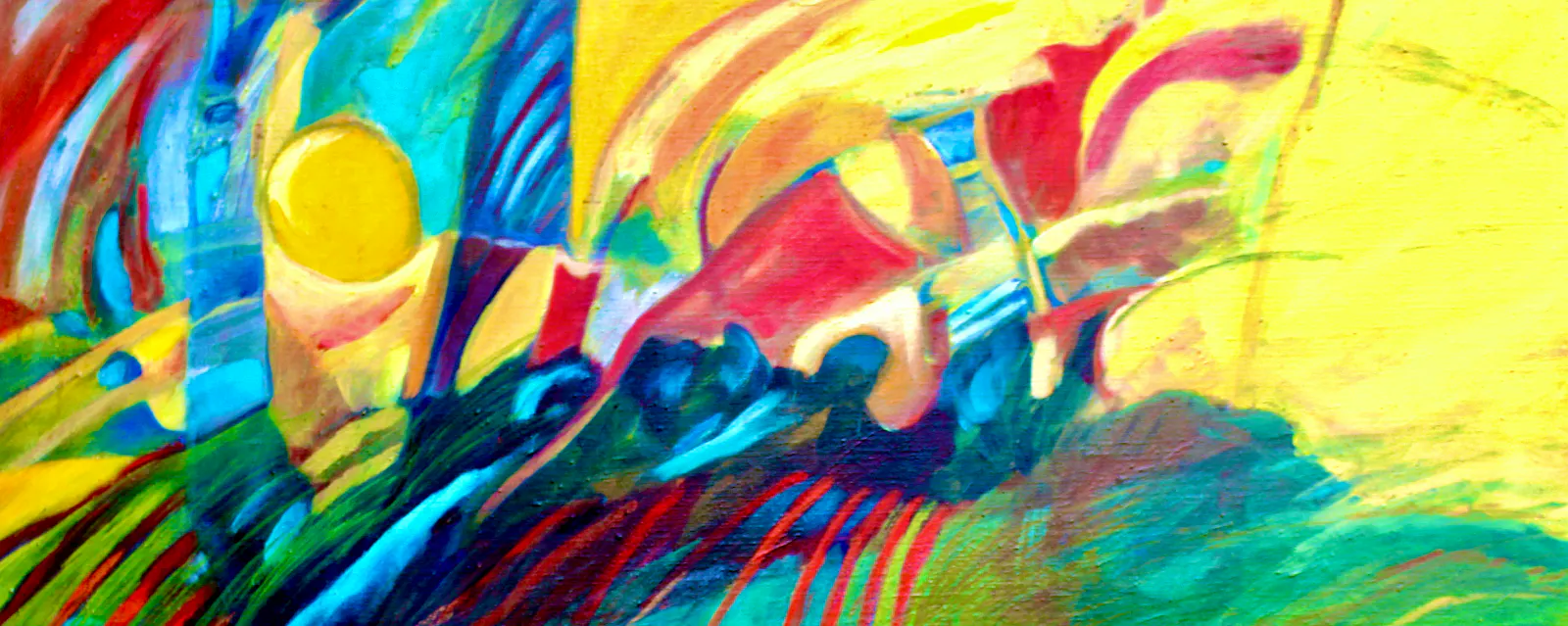 An abstract painting in bright colours and shapes. A yellow sun in a sky divided with curves and shapes in red, blue, purple, and mostly yellow on the right side. Down below hills are composed of a mix of hills in Jamaica and cultivated land, with red lines as ploughed land, in Italy.