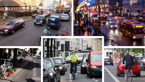 Mehrere Bilder von überfüllten Straßen, Radfahrenden mitten im Autostau, Kindern auf Rädern, die auf zugeparkte Wege treffen.