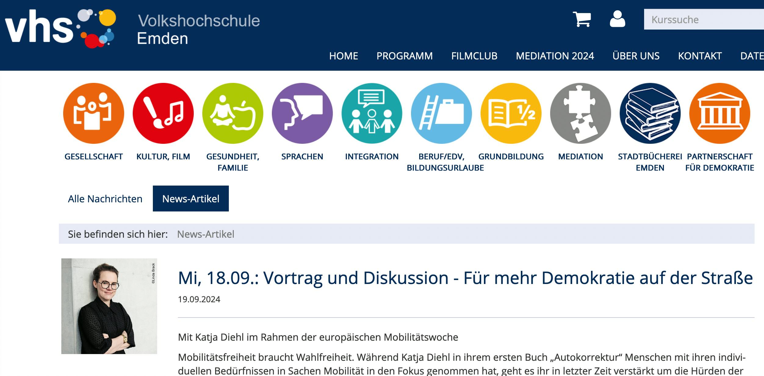 Screenshot der Veranstaltungsseite der VHS Emden. "Mit Katja Diehl im Rahmen der europäischen Mobilitätswoche"
