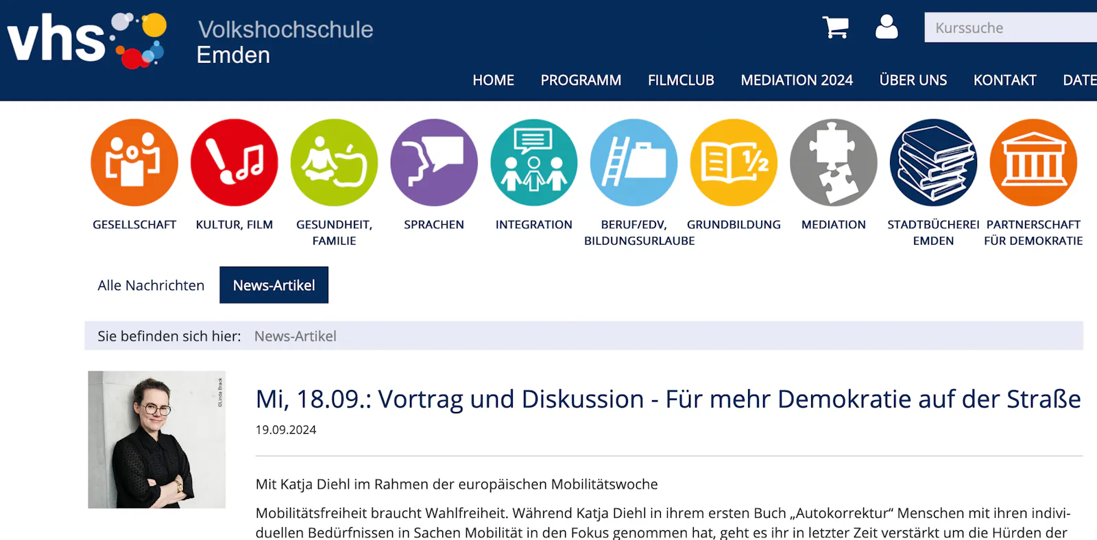 Screenshot der Veranstaltungsseite der VHS Emden. "Mit Katja Diehl im Rahmen der europäischen Mobilitätswoche"