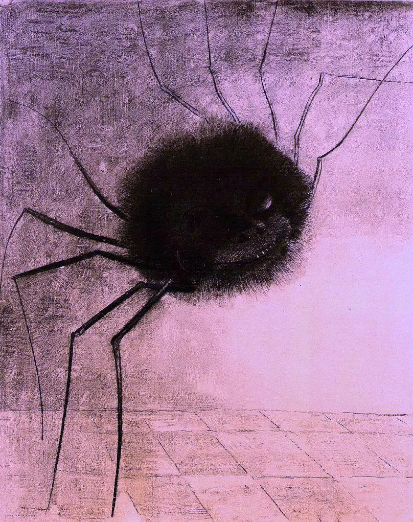 Sardonisch blickende schwarze Spinne aka die Zeichnung "Spinne" von Odilon Redon, rosa eingefärbt