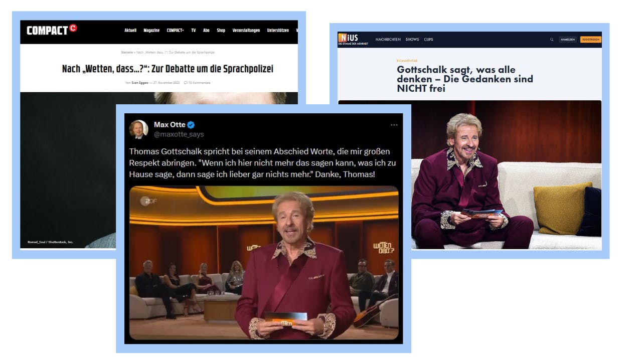 Sammlung von Screenshots von Compact, die Thomas Gottschalks Aussage aufgegriffen haben