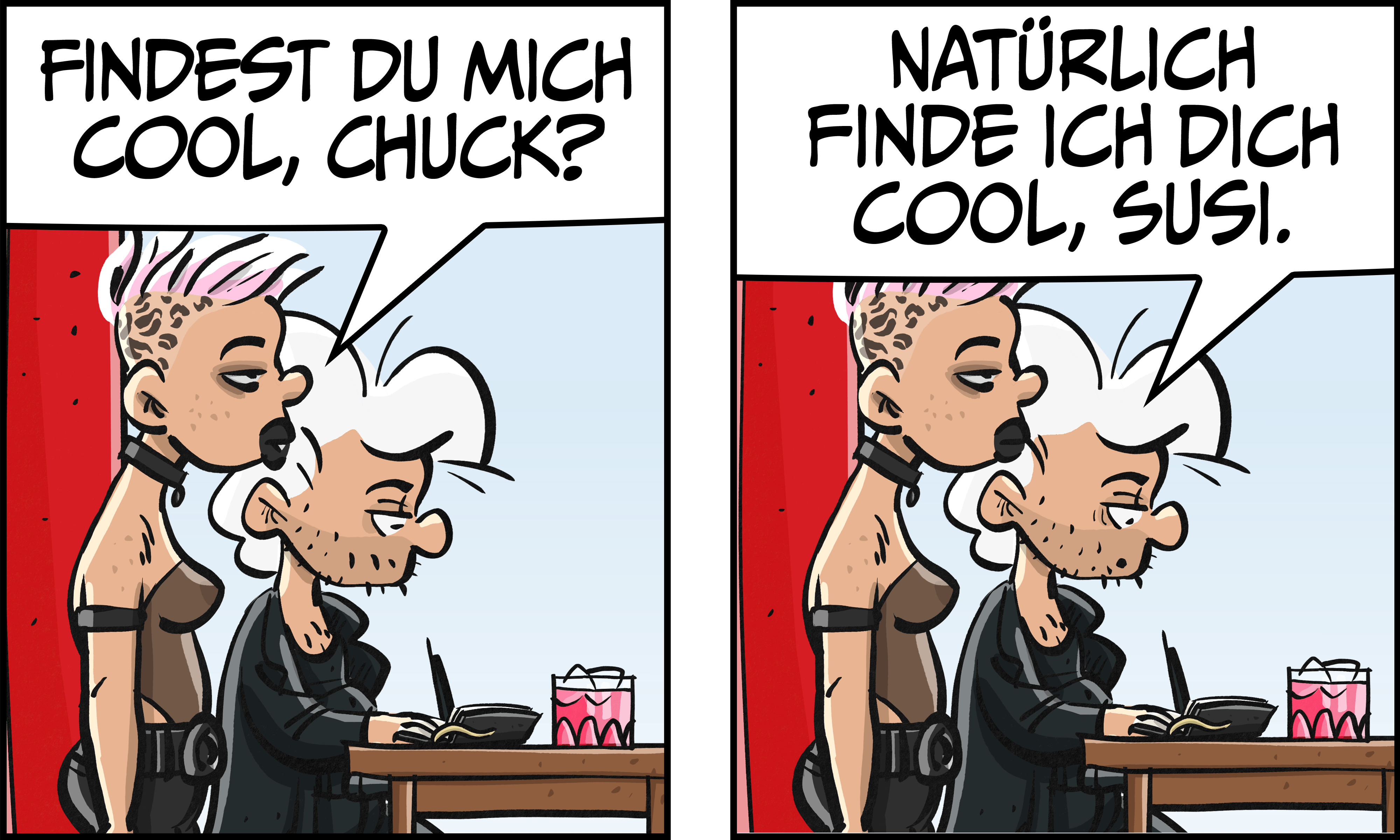 Susi, die neue Figur mit pinker Bürste und Korsage, lehnt sich an Chuck und fragt: „Findest du mich cool, Chuck?“ Er antwortet: „Natürlich finde ich dich cool, Susi.“