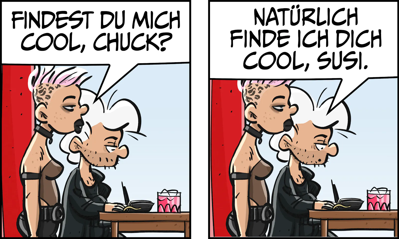 Susi, die neue Figur mit pinker Bürste und Korsage, lehnt sich an Chuck und fragt: „Findest du mich cool, Chuck?“ Er antwortet: „Natürlich finde ich dich cool, Susi.“