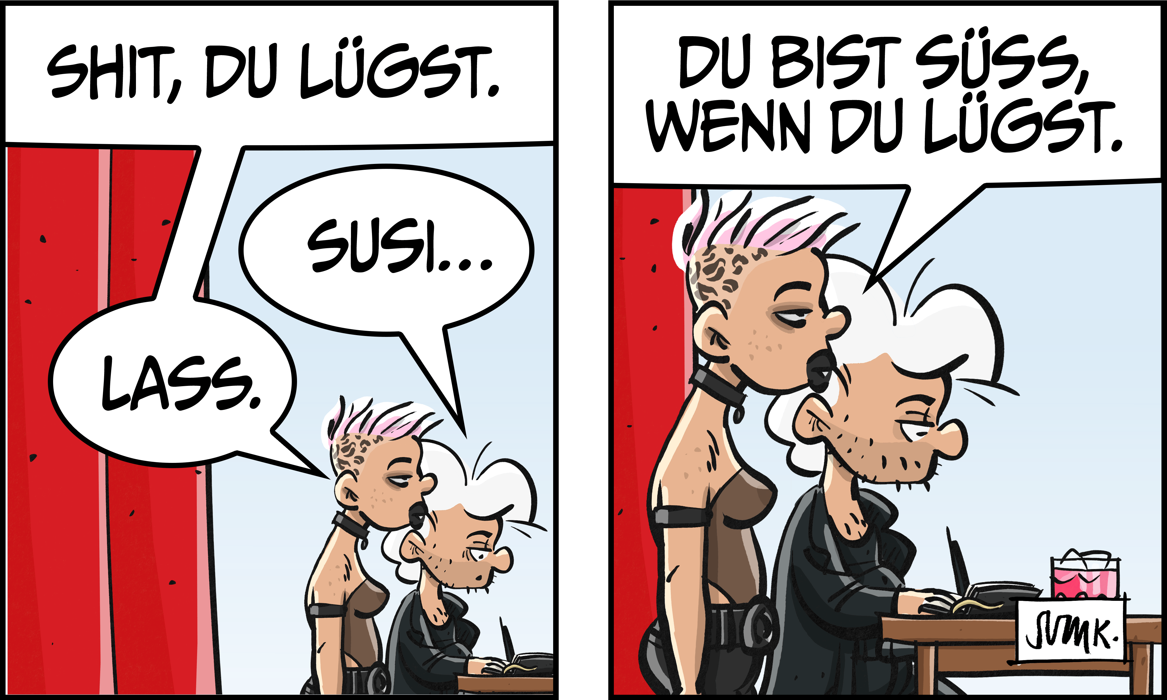 Sie durchschaut ihn: „Shit, du lügst.“ Chuck: „Susi…“ Sie unterbricht ihn: „Lass.“ Und schließt: „Du bist süß, wenn du lügst.“