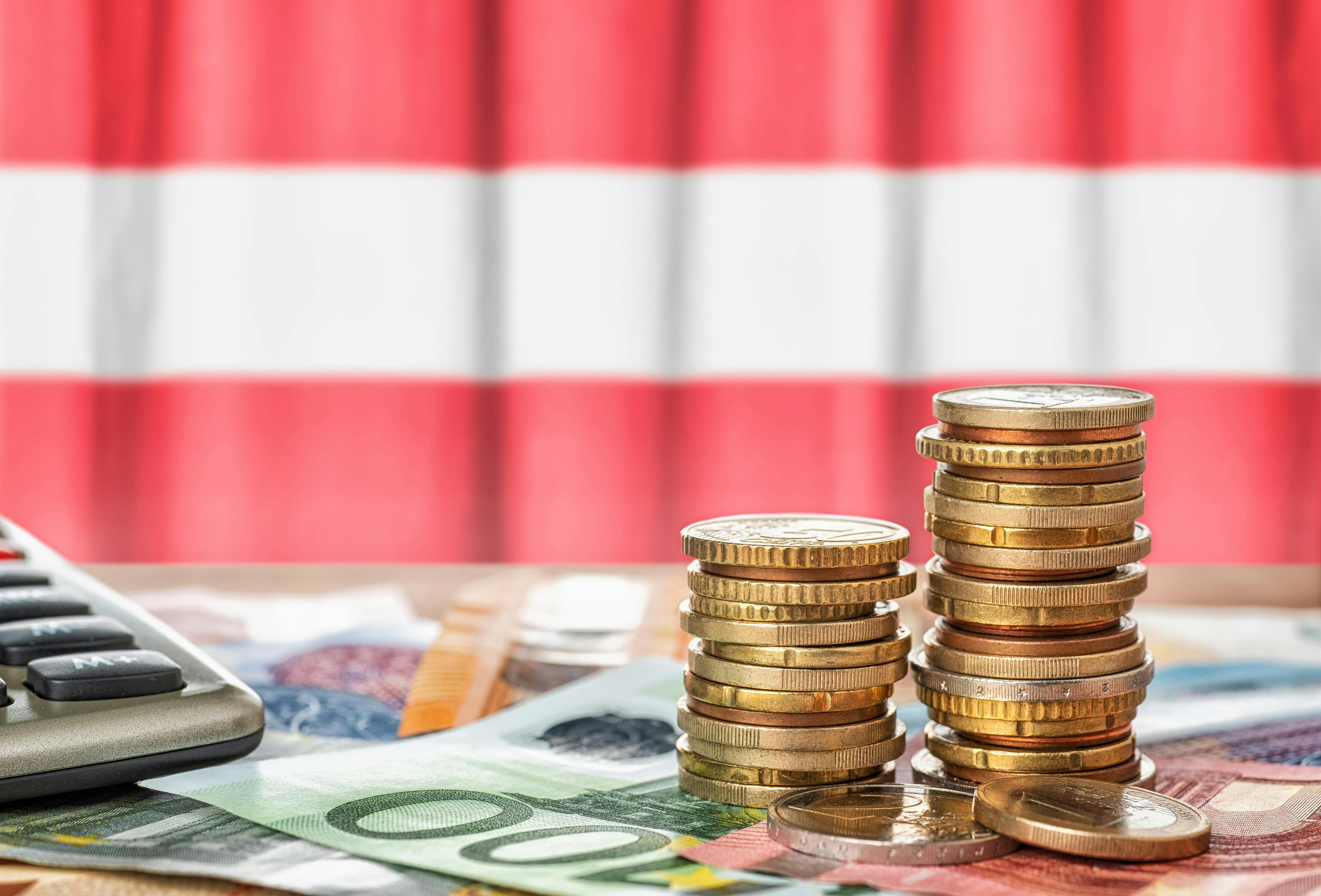 Das Bild zeigt Euro-Münzen und Euro-Scheine vor einer österreichischen Flagge sowie einen Taschenrechner.