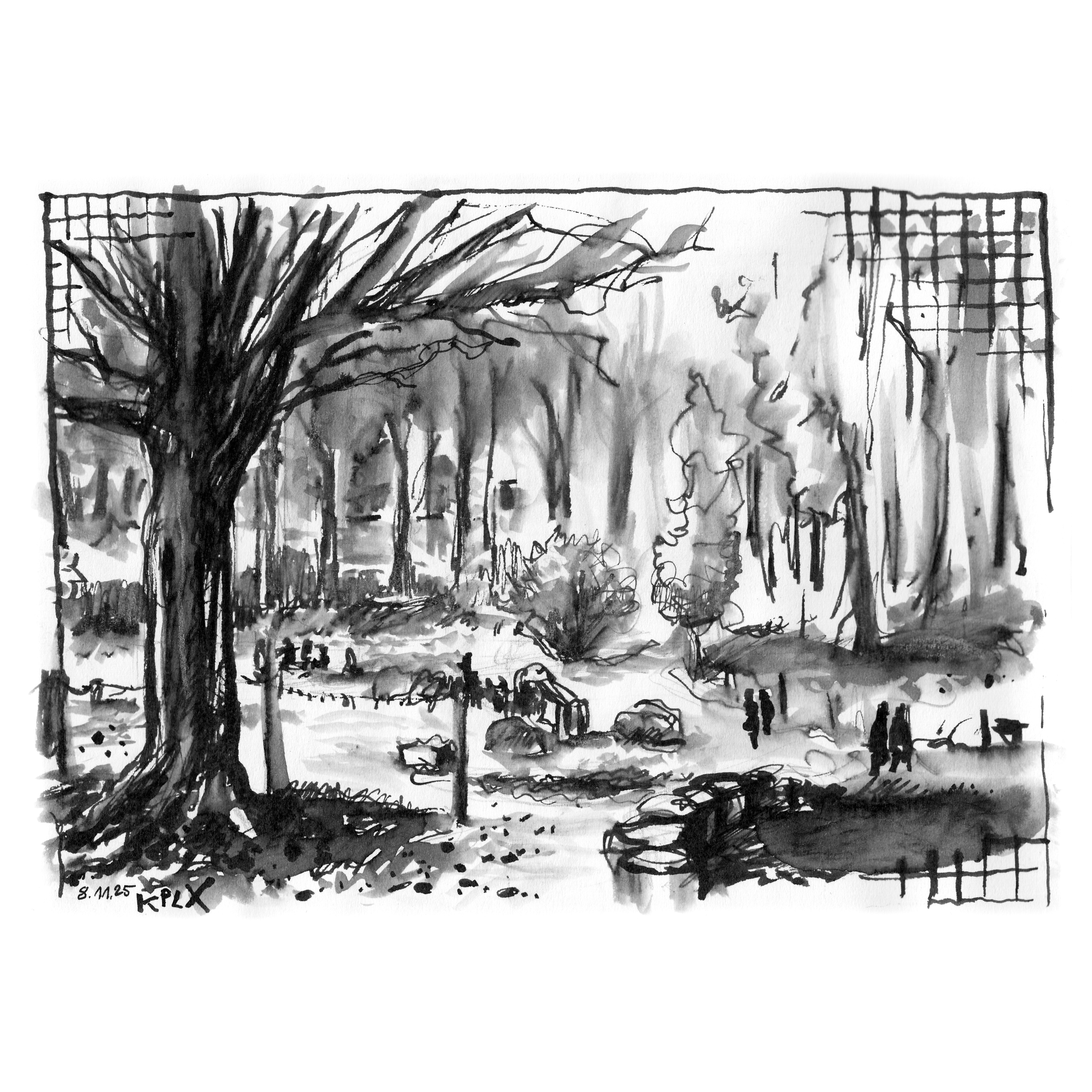 Urban Sketch, Zeichnung im Sketchbook, Alsdorf Tierpark, Bäume, Steine, Wege und ein paar Menschen sind zu sehen.