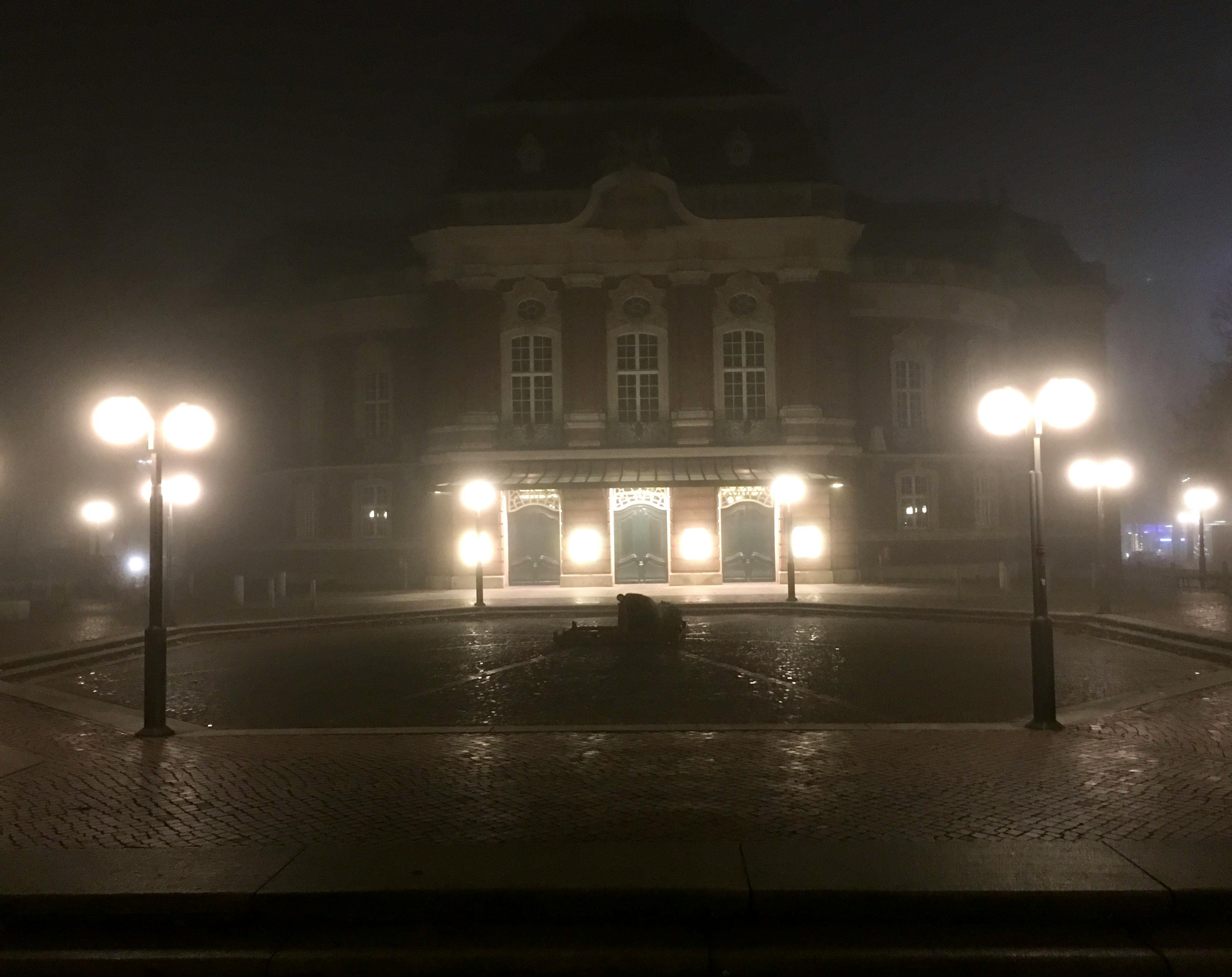 Die Laieszhalle in nebliger Nacht mit hellen Leuchten davor
