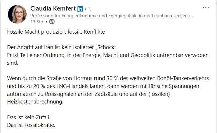 Screenshot eines aktuellen Linkedin-Posts von Prof. Claudia Kemfert.