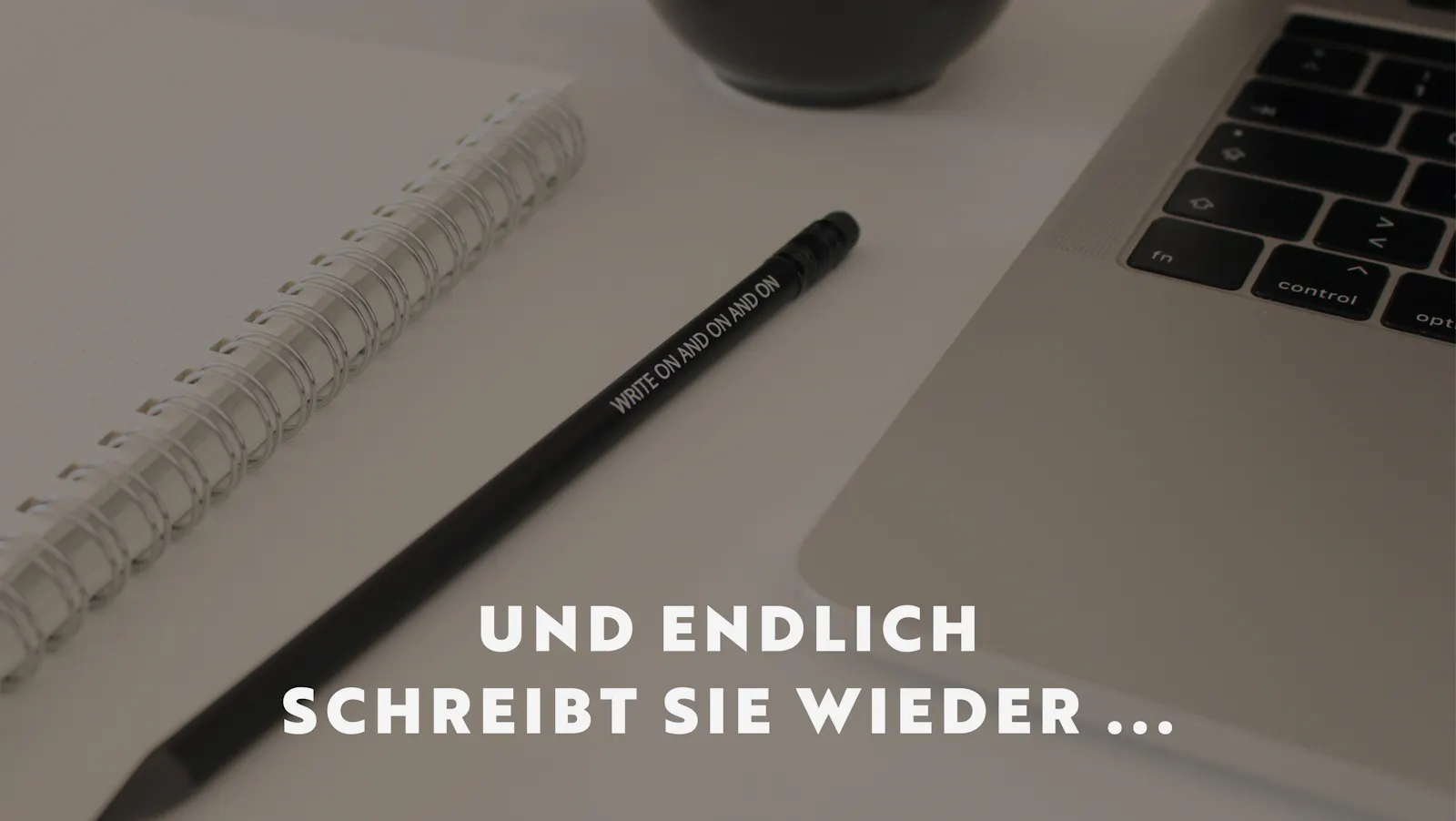 Im Hintergrund ein aufgeschlagener Block, der Ansatz einer Tasse und einer Tastatur und mittendrin ein Stift auf dem "Write on and on and on" steht. Darauf der Titel: und endlich schreibt sie wieder ...