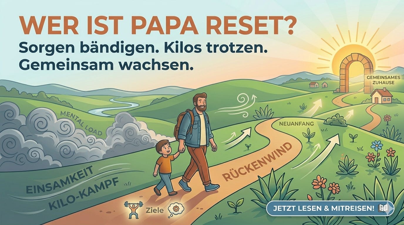 Ein motivierendes Beitragsbild für den zweiten Blogpost von Papa Reset, das den Weg eines alleinerziehenden Vaters und seines Sohnes weg von Mental Load, Einsamkeit und Kilo-Kampf hin zu neuen Zielen, Neuanfang und einem gemeinsamen Zuhause visualisiert.