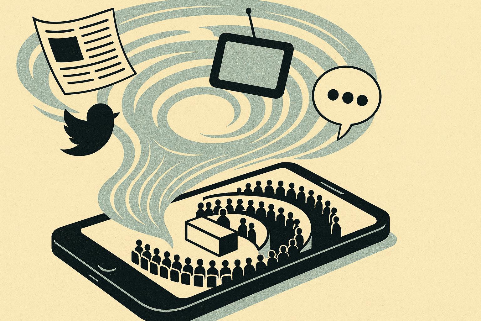 Illustration eines Smartphones, auf dessen Bildschirm ein stilisiertes Parlamentsplenum in Halbkreisen um ein zentrales Rednerpult angeordnet ist. Darüber wirbelt ein Strudel mit Symbolen für Medien wie Zeitung, Fernseher, Twitter-Vogel und Sprechblase.