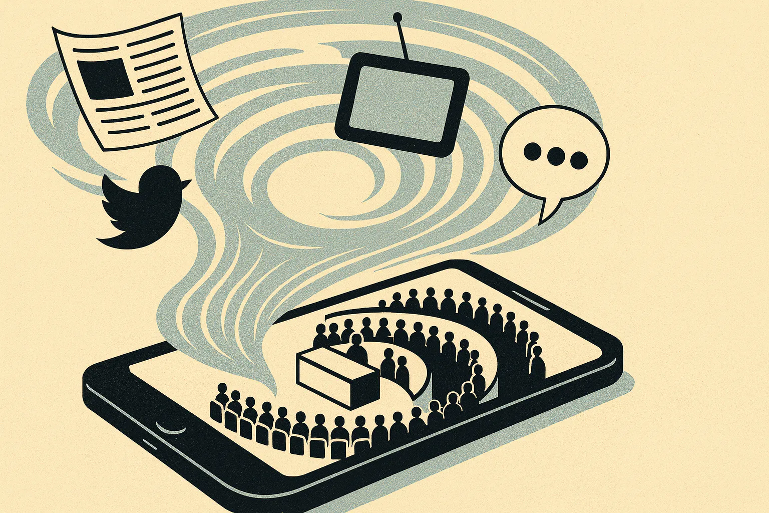 Illustration eines Smartphones, auf dessen Bildschirm ein stilisiertes Parlamentsplenum in Halbkreisen um ein zentrales Rednerpult angeordnet ist. Darüber wirbelt ein Strudel mit Symbolen für Medien wie Zeitung, Fernseher, Twitter-Vogel und Sprechblase.