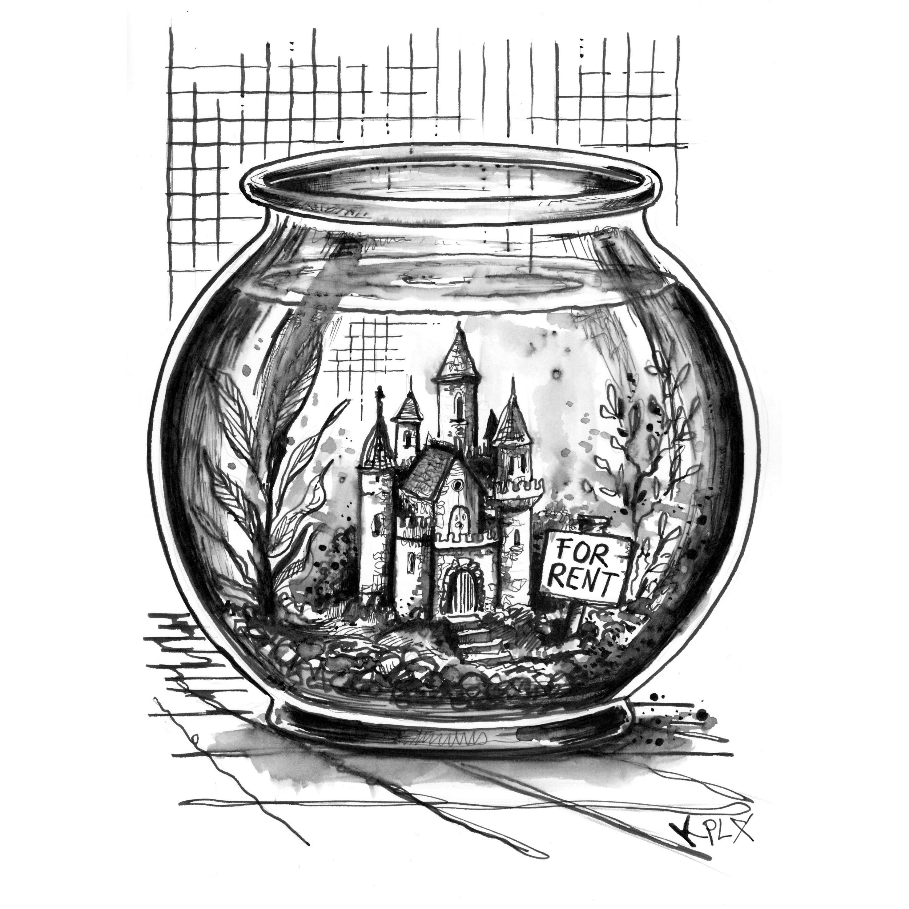 Alt-Text (Deutsch):
Detailreiche Schwarz-Weiß-Tuschezeichnung eines leeren Goldfischglases. Im Inneren steht ein kleines, verspieltes Schloss, umgeben von Pflanzen und Kieselsteinen. Vor dem Schloss steckt ein Schild im Boden mit der Aufschrift „FOR RENT“.

Alt-Text (Englisch):
Detailed black-and-white ink drawing of an empty fishbowl. Inside stands a small, whimsical castle, surrounded by plants and pebbles. A sign in front of the castle reads “FOR RENT.”