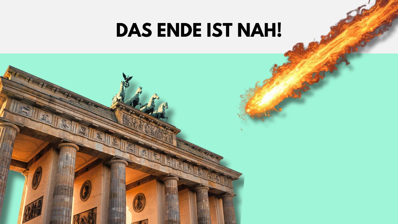 Ein KI-Bild vom Brandenburger Tor, darüber ein feuriger Komet.