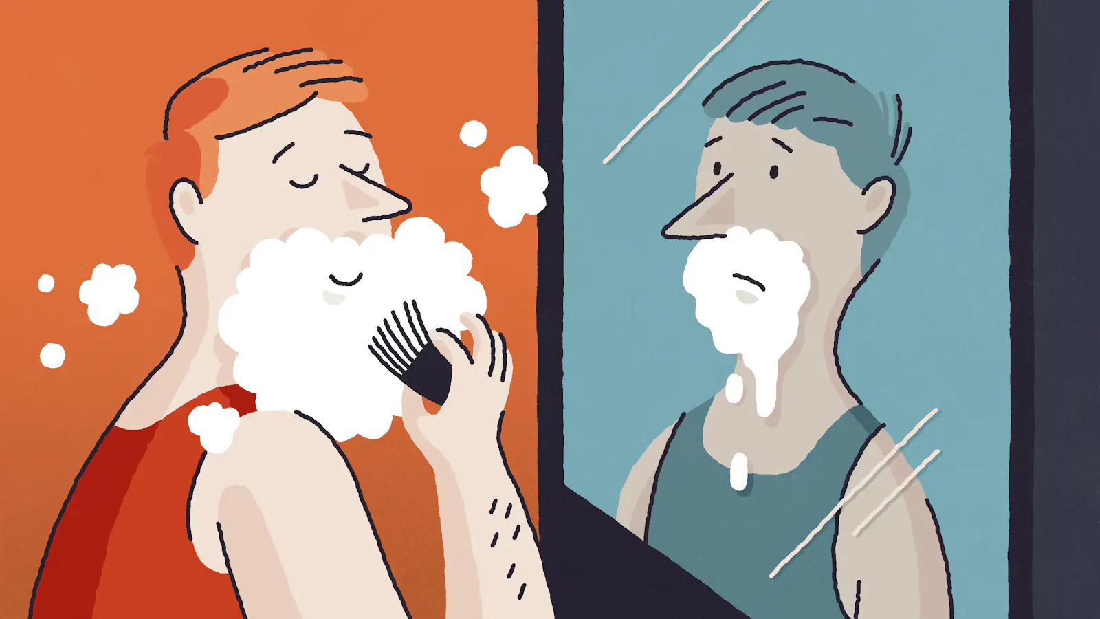 Die Illustration zeigt eine Person, die sich rasiert. Auf der linken Seite ist die Person in einem warmen, orangefarbenen Bereich zu sehen, sie trägt ein rotes Tanktop und wirkt zufrieden, während sie Rasierschaum aufträgt. Auf der rechten Seite spiegelt der Spiegel jedoch eine andere Version derselben Person wider: mit einem kühleren, bläulichen Farbton, besorgt oder unsicher aussehend, mit weniger Rasierschaum im Gesicht.