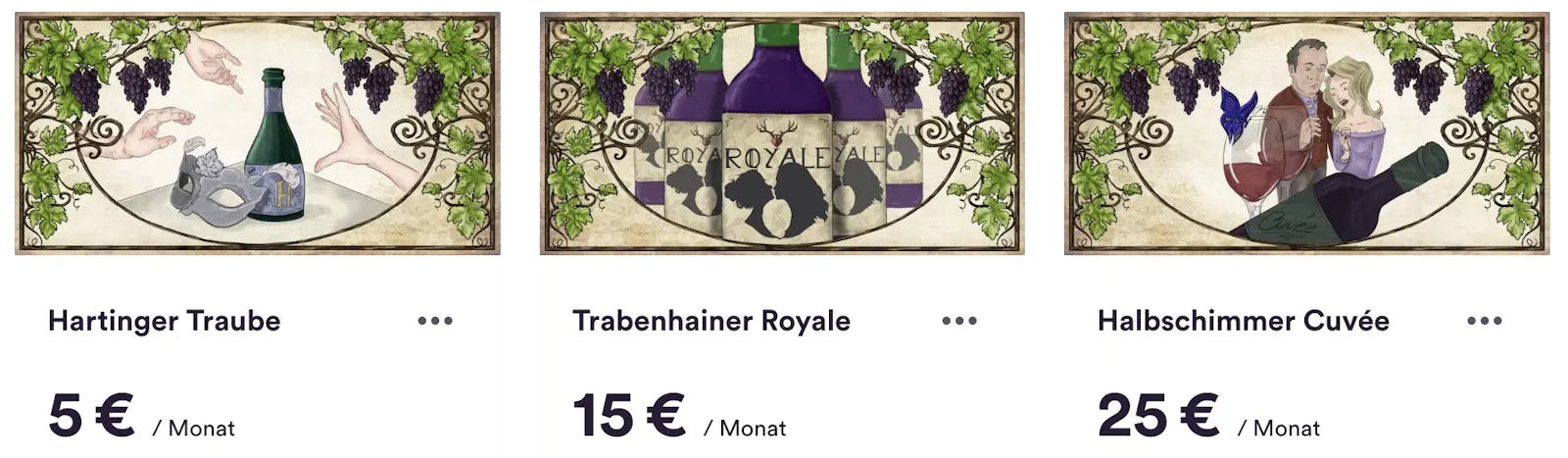 Ein Bild unserer drei Steady-Pakete. Ganz links sieht man die Hartinger Traube für 5 € im Monat, daneben Trabenhainer Royale für 15 € im Monat und ganz rechts ist der Halbschimmer Cuvée für 25 € im Monat.