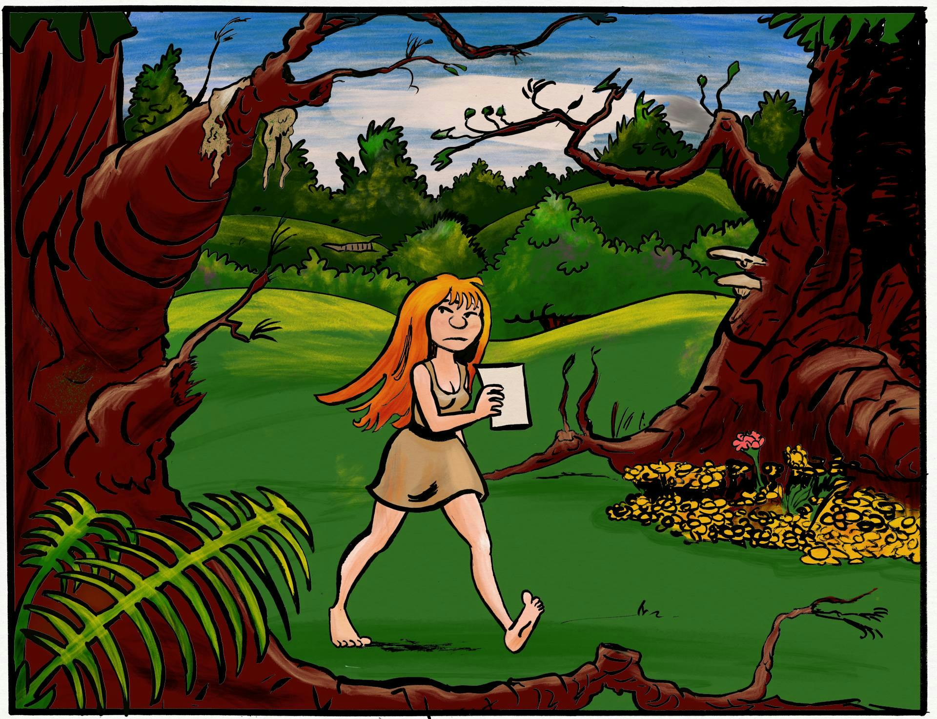 Brightly colored drawing of Kel walking through a forest