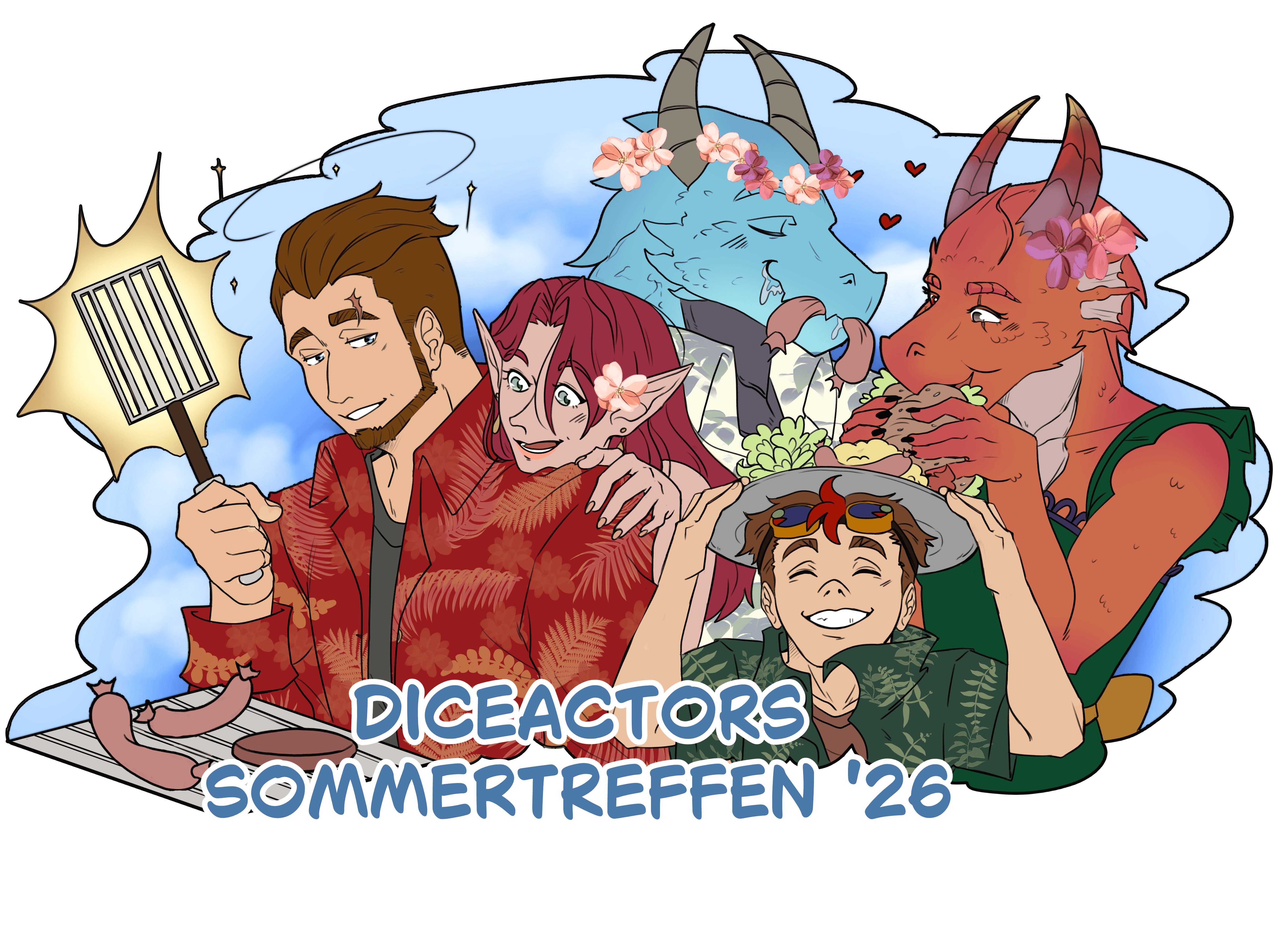 Eine fröhliche Sommerillustration mit dem Schriftzug „Dice Actors Sommertreffen '26": Flynt steht links mit einem Grillwender in der Hand und grillt, während Elaynie mit roten Haaren und einer Blume hinters Ohr geklemmt neugierig über seine Schulter auf den Grill guckt. Daneben beißt Medrash, der blaue Drachengeborene, genüsslich in ein Würstchen, und rechts neben ihm tut es ihm Jeri, die kupferfarbene Drachengeborene, gleich. Im Vordergrund strahlt Peren mit einem Teller voller Leckereien auf dem Kopf in die Runde.