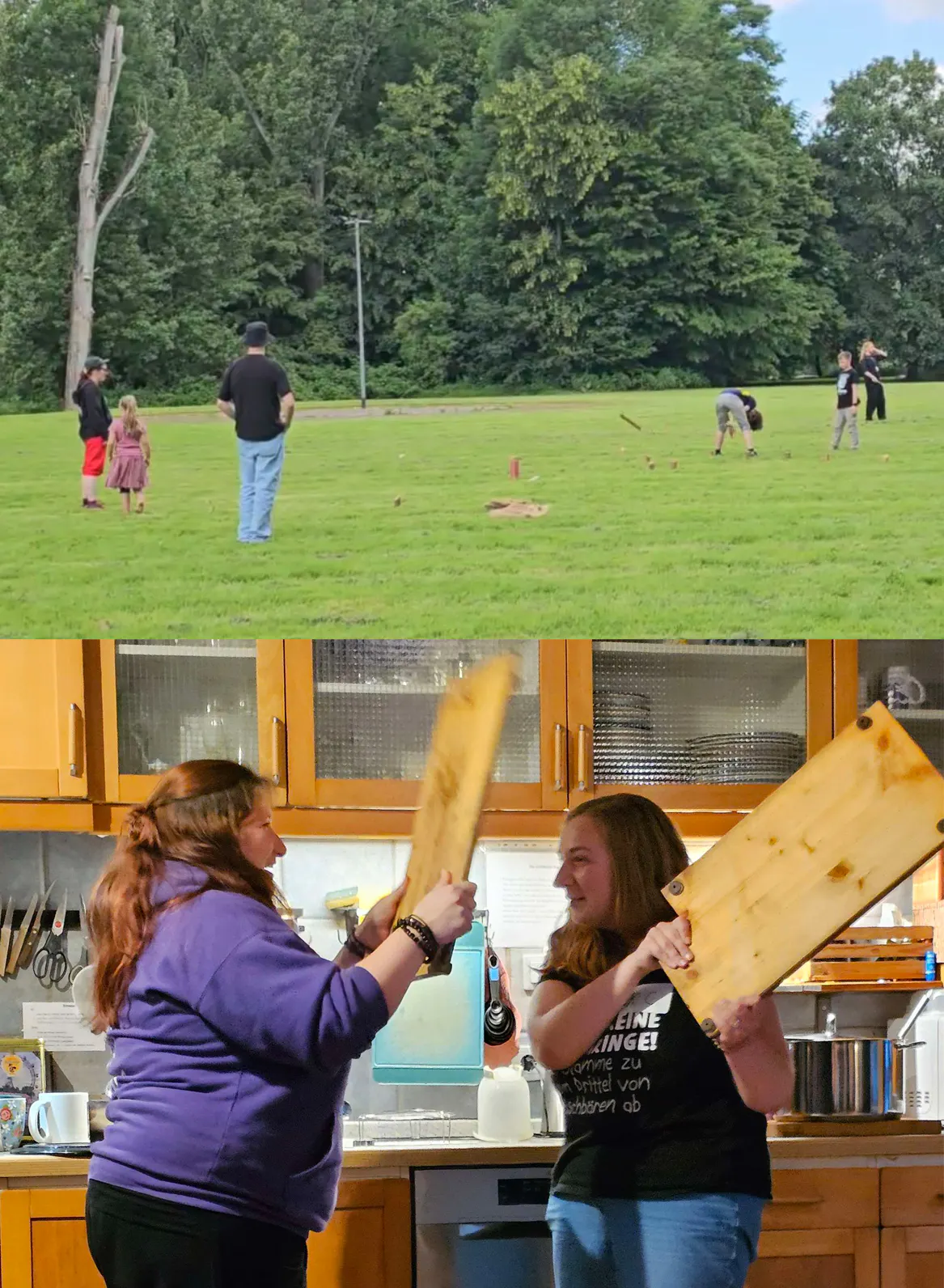 Eine Collage aus zwei Fotos: Oben eine Gruppe Diceys auf einer grĂŒnen Wiese am Rhein beim Wikingerschach â einige stehen, andere bĂŒcken sich nach den gefallenen Holzklötzen. Unten das legendĂ€re Zwergenschach: Nera und K.C. stehen sich in einer KĂŒche gegenĂŒber und kĂ€mpfen ernsthaft mit Judiths Herd-Abdeckplatten aus Holz als Waffen. Beide gucken konzentriert und kampfbereit.