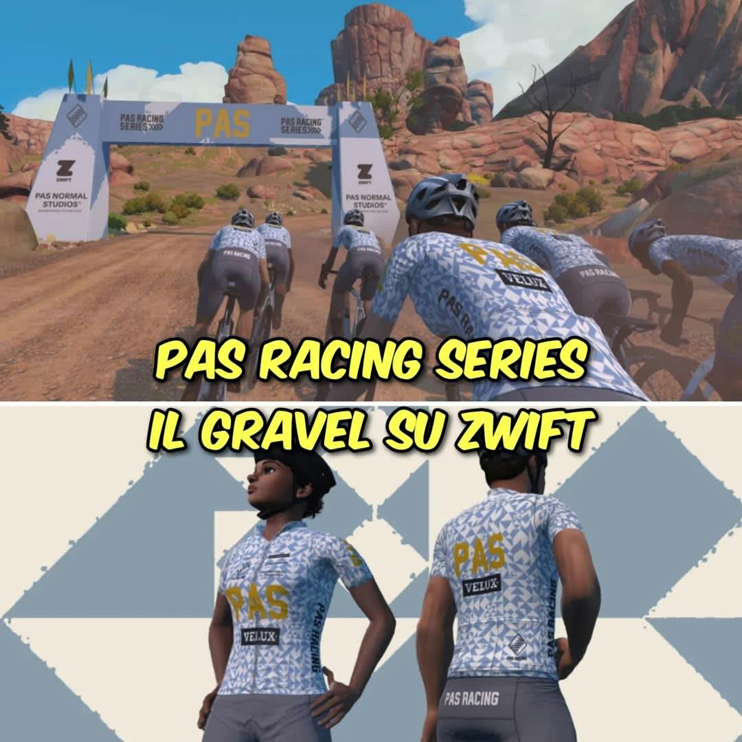 Potrebbe essere un'immagine raffigurante bicicletta e il seguente testo "PASAACINE PAS PAS NORMAL STUDIOS STUDIOS SNORMAL NOEN STUDIOS IUDIOS FkaCkg PAS RACING SERIES IL GRAVEL SU ZWIFT VELUA て VEI VEL.UX UX PAS PASRACING"