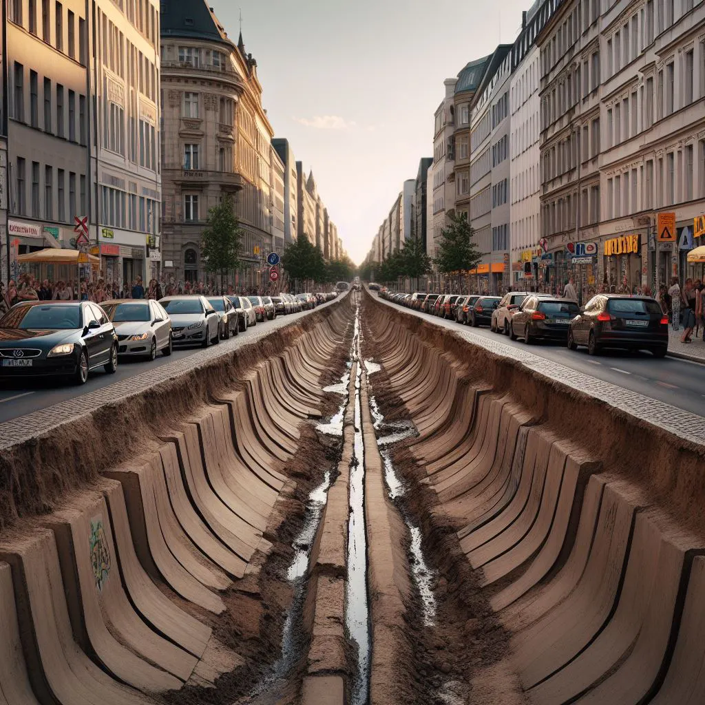 KI-Prompt: Straßenszene in Berlin mit einem großen Graben in der Mitte der Fahrbahn