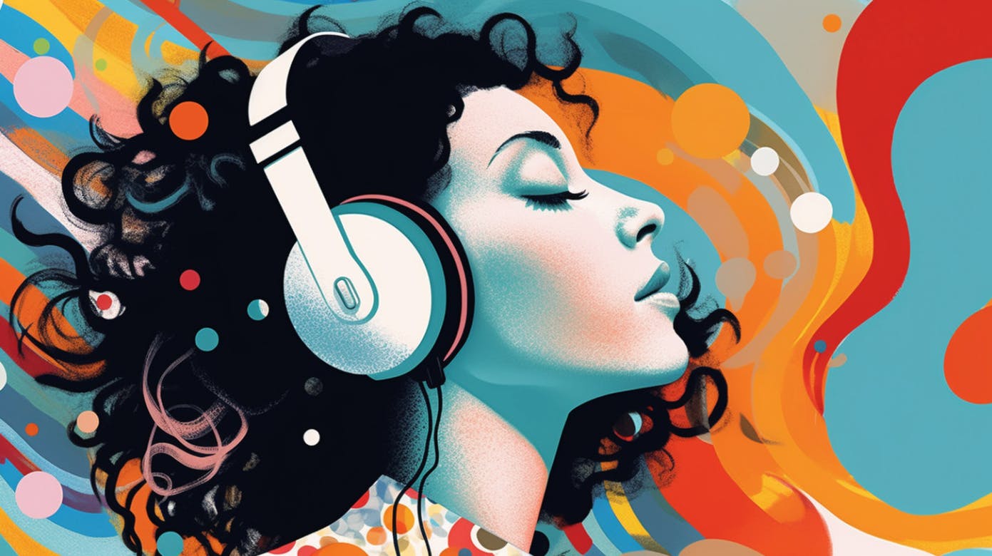 Zeichnung einer Frau mit schwarzen Haaren, die Kopfhörer trägt und Musik hört.