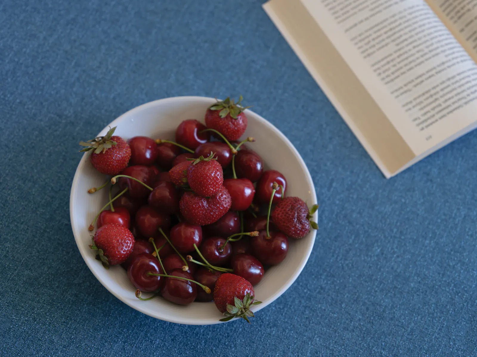 Eine Schale mit Kirschen und Erdbeeren steht auf einem blauen Tischtuch. Daneben liegt ein Buch.
