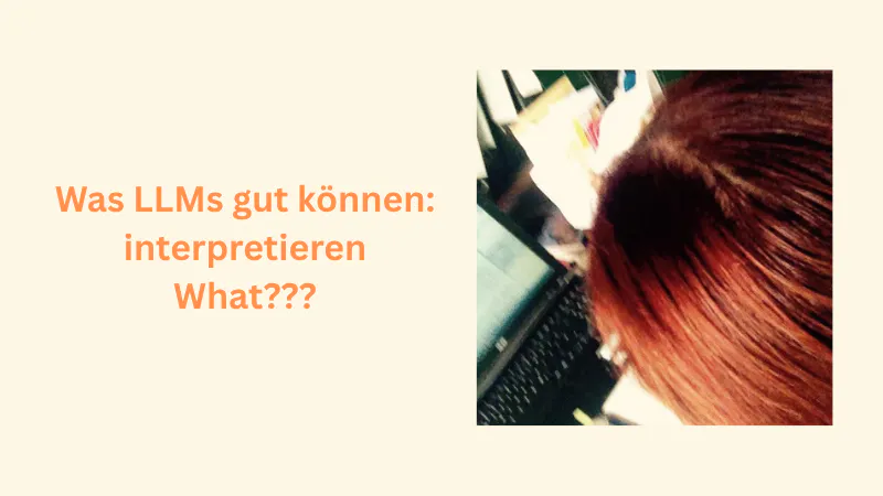 Ich beziehungsweise mein Hinterkopf, während ich an einem Laptop schreibe. Und links davon die Aufschrift: "Was LLMs gut können: interpretieren What???"