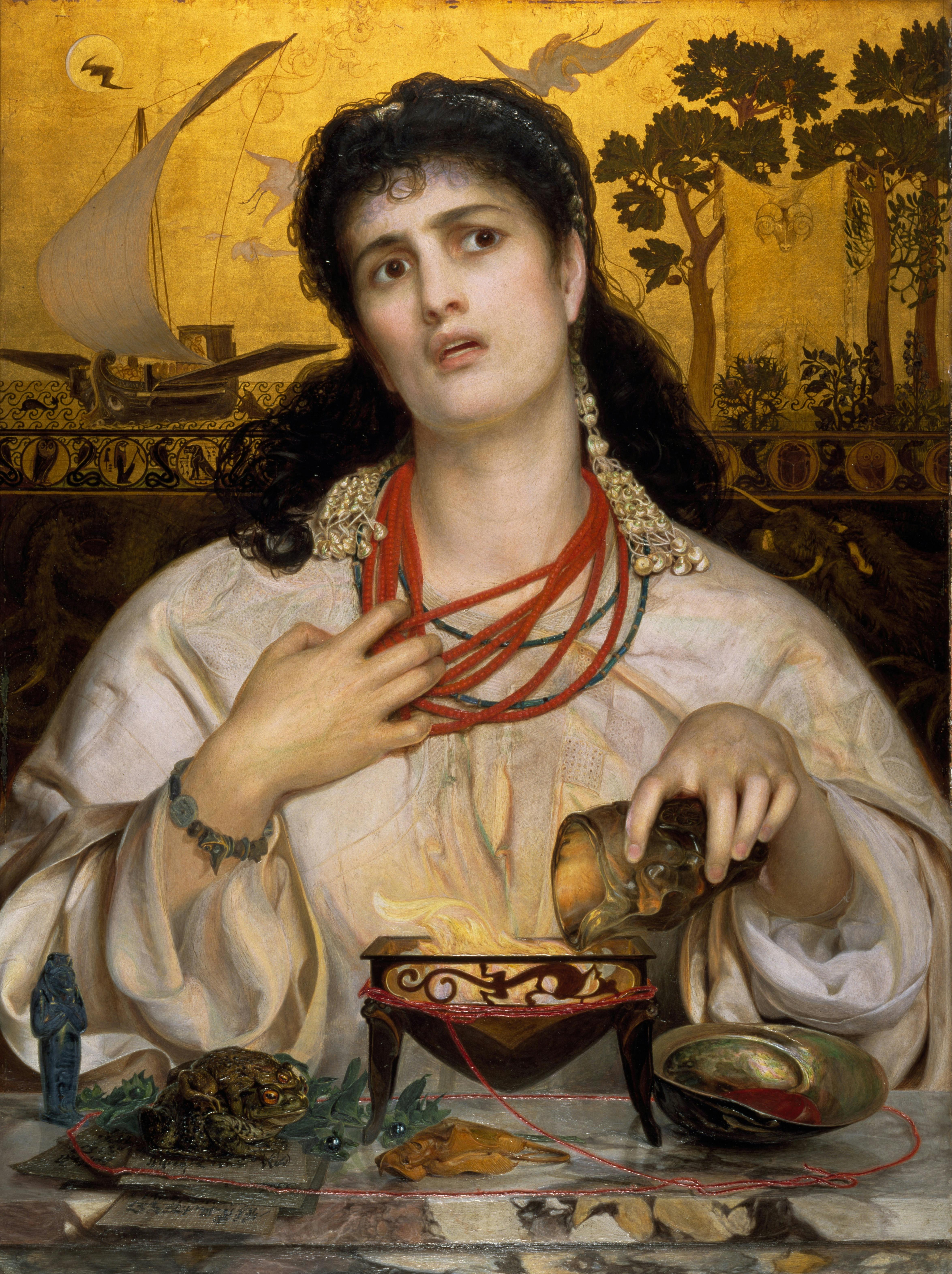 Das Gemälde Medea (1866–1868) von Frederick Sandys zeigt die Figur der Medea aus der griechischen Mythologie in einer dramatischen Pose. Sie trägt ein weißes Gewand und eine rote Korallenkette, während sie eine Schale hält, aus der sie eine Flüssigkeit in einen kleinen brennenden Kessel gießt. Der Hintergrund zeigt ein Schiff, das für den Verrat ihres Mannes Jason symbolisiert. Das Werk vermittelt eine düstere Atmosphäre und hebt die inneren Konflikte und die emotionale Intensität der Figur hervor.